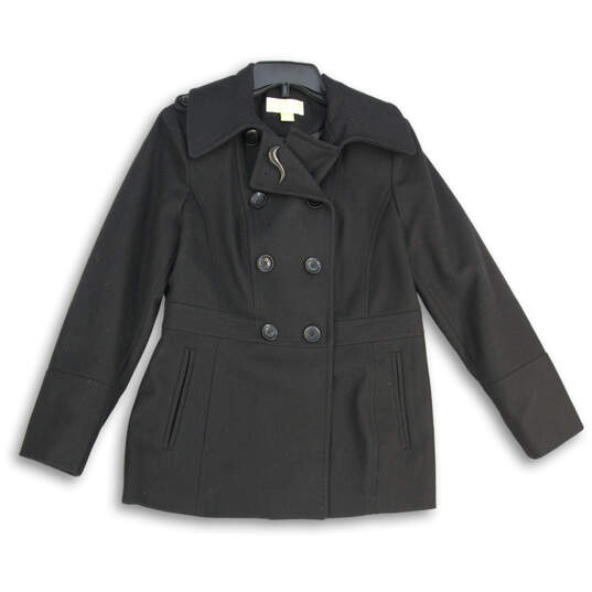Womens Black Pockets Long Sleeve Notch Lapel Double Breasted Pea Coat Sz M image number 1