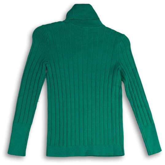 Womens Green Knitted Button Cuff Mock Neck Pullover Sweater Size P Petite image number 2