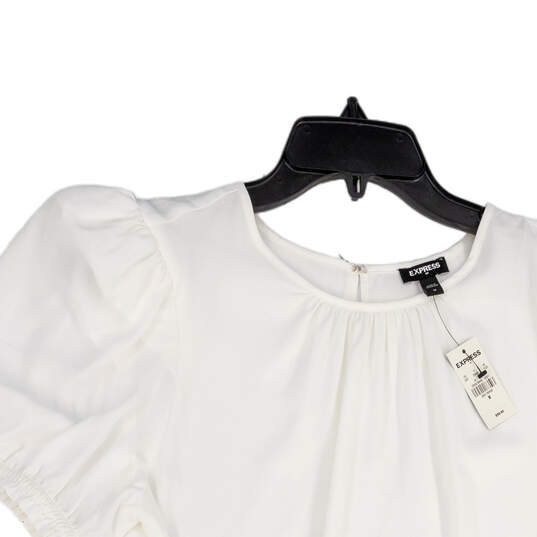 NWT Womens White Puff Sleeve Tie Waist Back Keyhole Blouse Top Size Medium image number 3