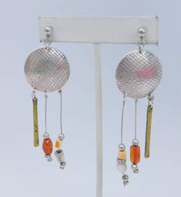 Signed S Sylvia Youell Navajo 925 & Brass Modernist Carnelian MOP Shell & Ball Beaded Dangles Etched Disc Drop Post Earrings 13.5g