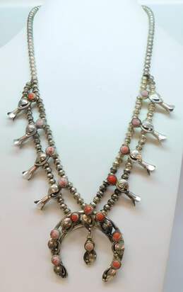 Vintage Artisan LH Stamped 900 Silver Coral Squash Blossom Necklace 54.3g