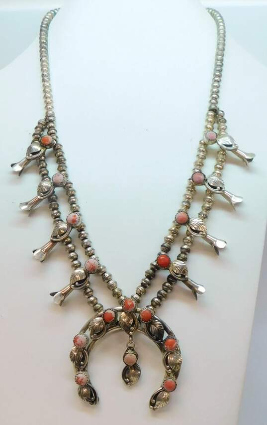 Vintage Artisan LH Stamped 900 Silver Coral Squash Blossom Necklace 54.3g image number 1