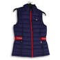 Womens Blue Red Mock Neck Sleeveless Full-Zip Puffer Vest Size Small image number 1