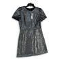 NWT Womens Silver Sequin Round Neck Short Sleeve Back Zip Shift Dress Sz 12 image number 1