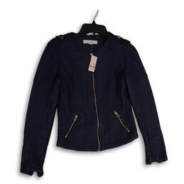 NWT Womens Navy Blue Leather Long Sleeve Full-Zip Biker Jacket Size XS