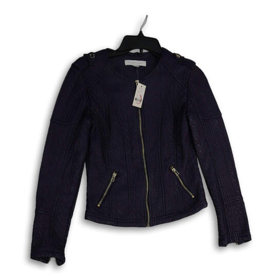 NWT Womens Navy Blue Leather Long Sleeve Full-Zip Biker Jacket Size XS image number 1