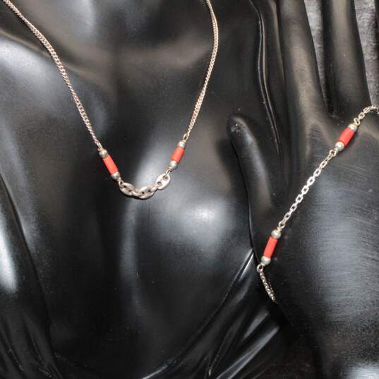Sterling Silver Red Coral Bead Chain Necklace & Bracelet - 7.5g image number 1