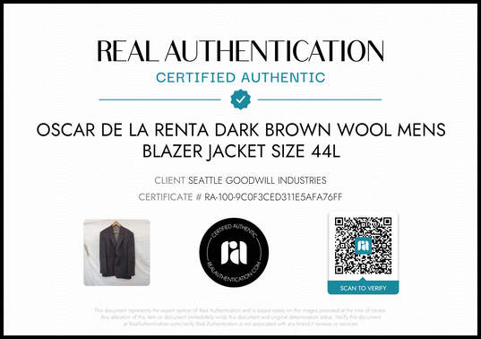 Oscar de la Renta Dark Brown Wool Men's Blazer Jacket Size 44L AUTHENTICATED image number 6
