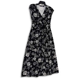 Womens Black White Floral Sleeveless Tie Front Knee-Length Wrap Dress Sz S