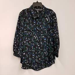 Womens Black Floral Balloon Sleeve Collared Button-Up Top Size Medium