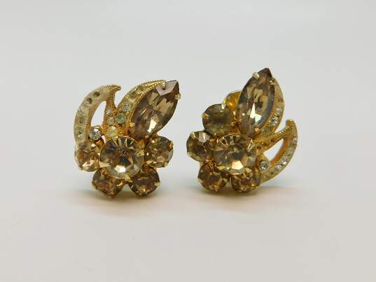 Vintage Eisenberg Ice Goldtone Icy Smoky & Clear Rhinestones Cluster Clip On Earrings 12.6g image number 3
