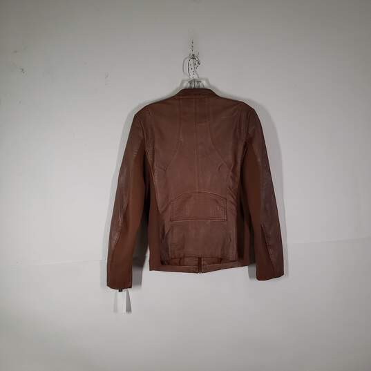 Womens Zipper Pockets Leather Long Sleeve Full-Zip Motorcycle Jacket Size Medium image number 2