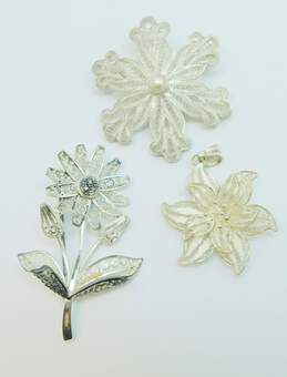 Vintage Germany 925 Spun Silver Filigree Flower Pendant & Brooch & Faux Pearl Snowflake Pendant Brooch 19.2g alternative image