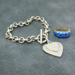 Mexican Artisan 925 Heart Charm Bracelet & Opal Inlay Ring 33.8g