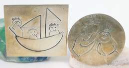 Taxco 925 Etched People in Boat & Telling Secret Brooches 12.8g