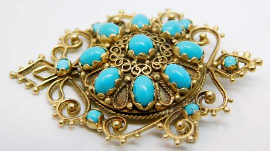 Vintage 12K Yellow Gold Filigree Sleeping Beauty Turquoise Pendant Brooch 12.6g image number 5