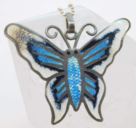 VNTG 925 Sterling Silver Mexico White Blue Black Enamel Butterfly Pendant Necklace image number 3