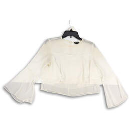 Womens White Ruffle Long Bell Sleeve Round Neck Cropped Blouse Top Size 4