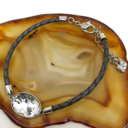 Designer Swarovski Silver-Tone Crystal Cut Stone Black Leather Bracelet image number 4