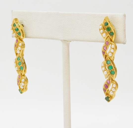 22K Gold Emerald Ruby & Pearls Braided Indian Wedding Style Drop Screw Post Earrings 10.7g image number 3