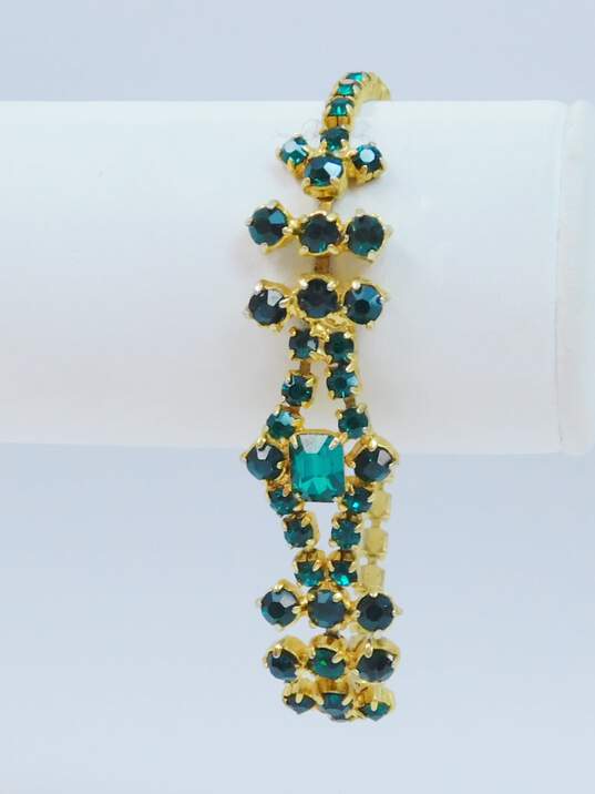 VNTG Mid Century Green Rhinestone Polished & Meshed Gold Tone Jewelry image number 5
