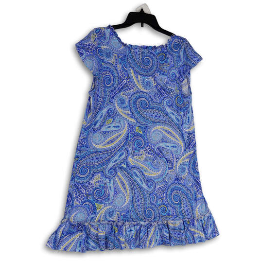 Womens Blue White Paisley Ruffle Hem Short Sleeve A-Line Dress Size M image number 2