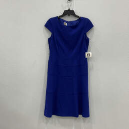 NWT Womens Blue Cap Sleeve Round Neck Back Zip A-Line Dress Size 8