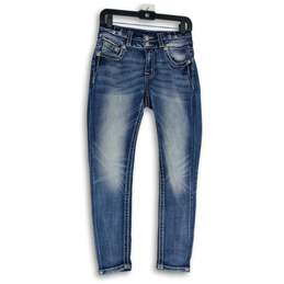 Womens Blue Denim Embroidered Medium Wash 5-Pocket Design Skinny Jeans Size 26
