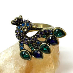 Designer Heidi Daus Gold-Tone Green Blue Rhinestones Classic Peacock Ring