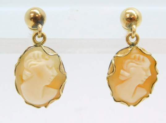 14K Yellow Gold Carved Shell Cameo Dangle Earrings 1.5g image number 1