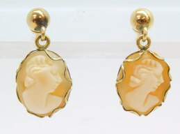 14K Yellow Gold Carved Shell Cameo Dangle Earrings 1.5g