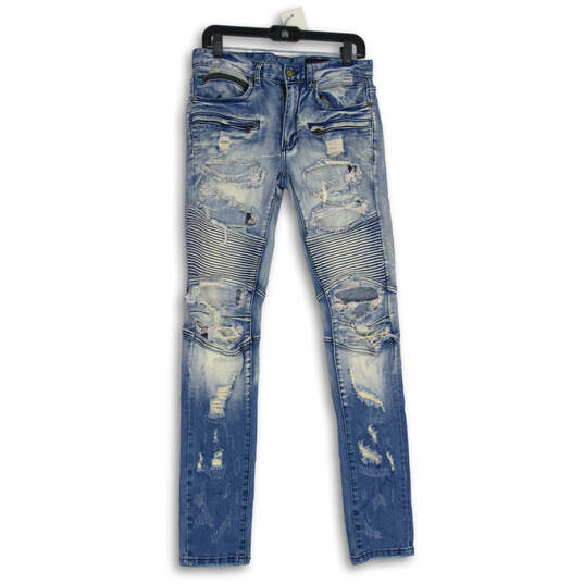 Mens Blue Denim Medium Wash Distressed Skinny Leg Jeans Size 30 image number 1