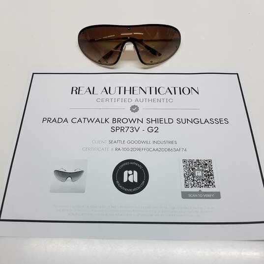 AUTHENTICATED Prada Catwalk Brown Shield Sunglasses SPR73V image number 1
