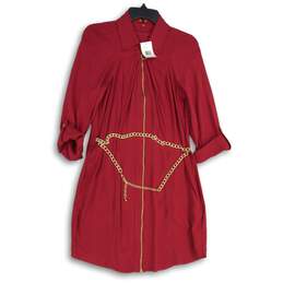 NWT Womens Red Roll Tab Sleeve Collared Front Zip Shirt Dress Size M