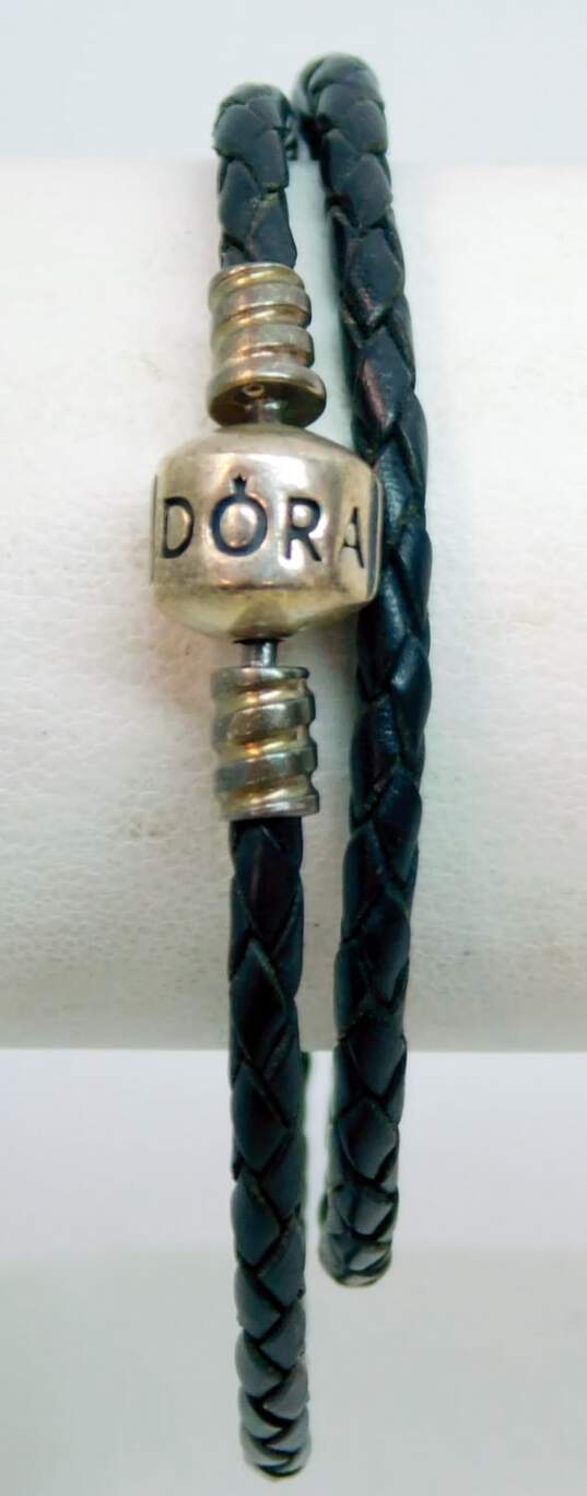 Pandora 925 Sterling Silver Black Braided Leather Wrap Charm Bracelet 5.5g image number 1