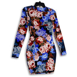 NWT Womens Blue Red Floral Round Neck Long Sleeve Bodycon Dress Size XS alternative image