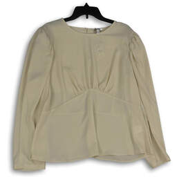 Womens Cream Pleated Round Neck Long Sleeve Blouse Top Size XL