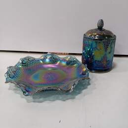 Iridescent Carnival Glass Platter & Canister w/ Lid Bundle