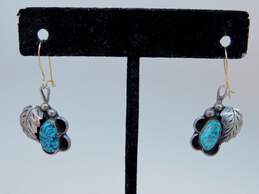 Signed RN 925 Southwestern Turquoise Nugget Feather Scalloped Drop Earrings For Repair 4.2g