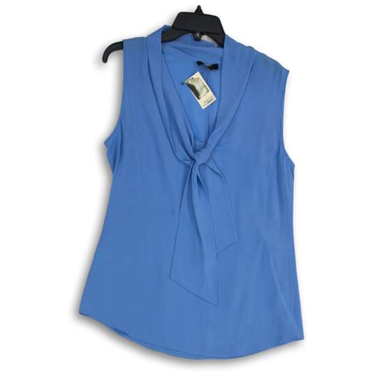 NWT Saks Fifth Avenue Womens Blue Tie Neck Sleeveless Blouse Top Size 12 image number 1
