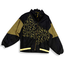Womens Black Gold Embroidered Mock Neck Full-Zip Windbreaker Jacket Size XL