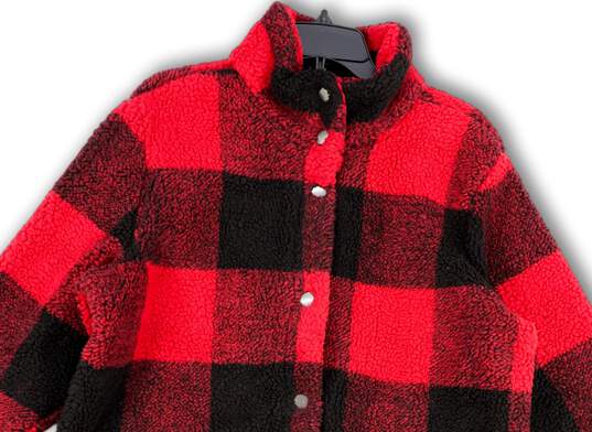 Womens Red Black Plaid Mock Neck Button Front Sherpa Jacket Size X-Large image number 3