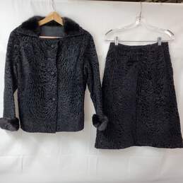 Vintage Persian Lamb Curly Fur Black Jacket & Skirt Set Women's Small