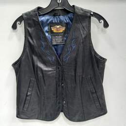 Women's Harley Davidson Blue "Misty Waters" Design on Black Leather Vest Sz S