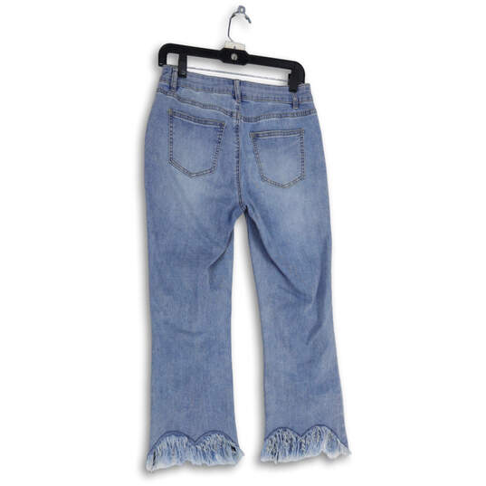 NWT Womens Blue Denim Light Wash Bottom Feather Fringes Cropped Jeans Sz 26 image number 2