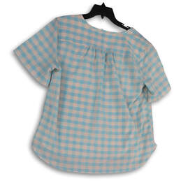 Womens Blue Check Split Neck Short Sleeve Pullover Blouse Top Size X-Large alternative image