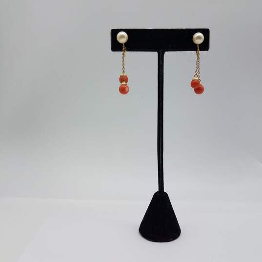 Antique 14k Gold FW Pearl & Coral Screw Back Earrings 4.8g image number 1