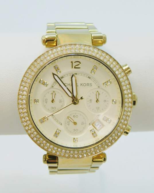 Michael Kors MK-5354 Icy CZ Bezel Chronograph Watch & Betsey Johnson Heart Pendant Necklace 162.1g image number 3