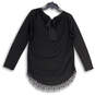 Womens Black Round Neck Long Sleeve Lace Hem Blouse Top Size Small image number 2