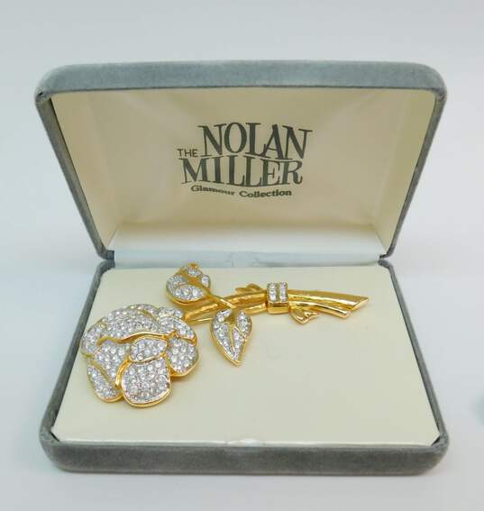 Vintage Nolan Miller Glamour Collection Icy Rhinestone & Gold Tone Rose Flower Brooch In Original Box 159.8g image number 1